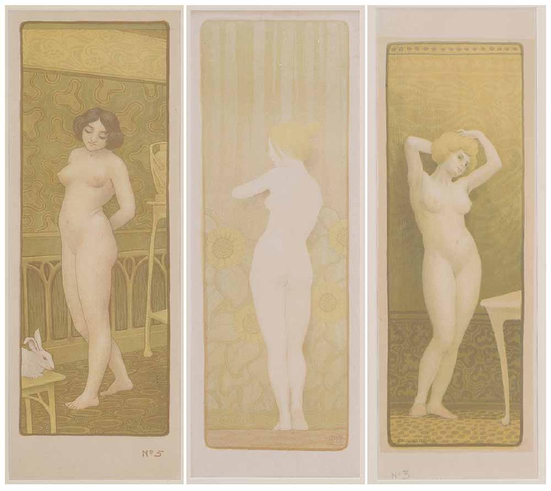 Paul Berthon: (French, 1872-1909) Three Nudes: No.3 and No. 5 from [Six Petit Nus] (suite of 6) 1899, No.3 18-5/8 x 6-1/4 in. and No.5 20 x 6-3/4 in., both signed in stone "Paul Berthon"; Nude with Sunflowers, sign