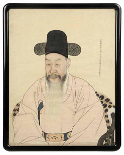 Chinese School Ancestral Portrait: Chinese, 19th century, portrait of a seated elder with a long beard and wearing a rank hat and a white robe, seated on horseshoe-back chair with tiger skin robe, calligraphy to right side of figure, i