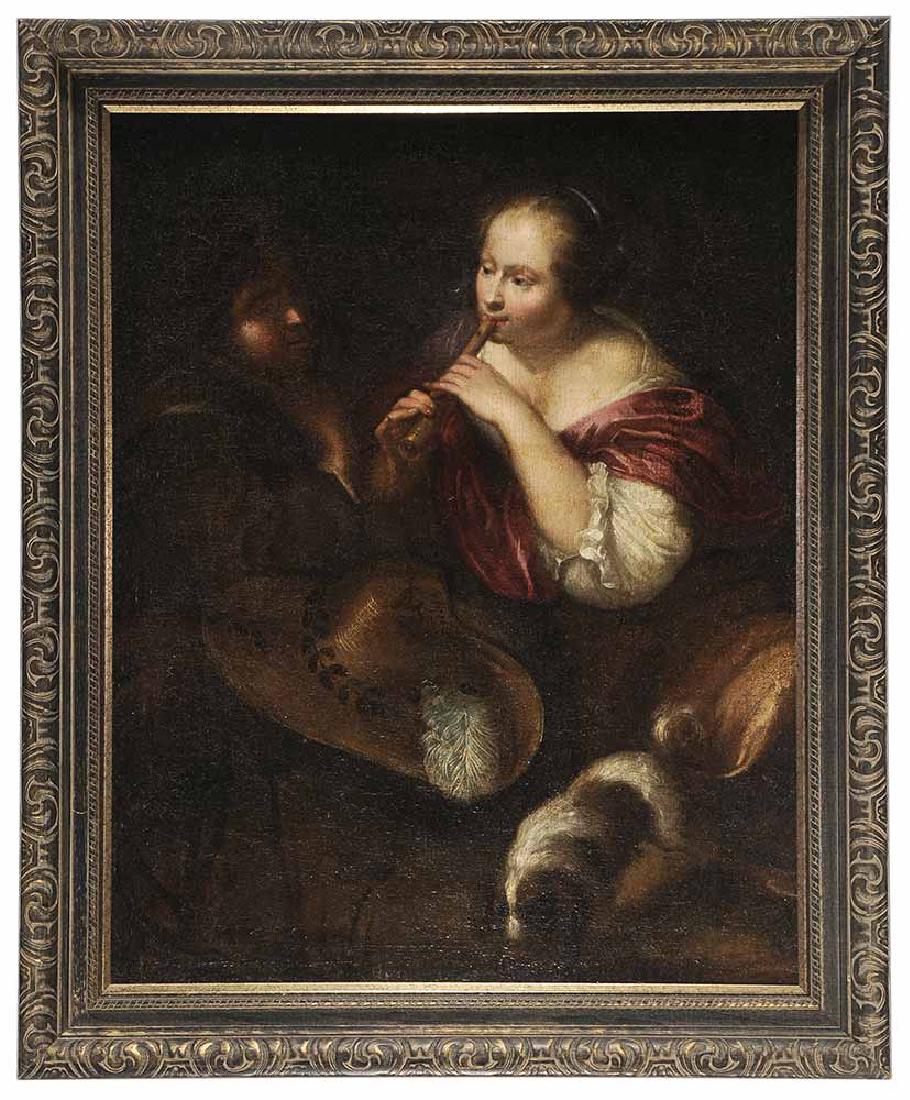 Dutch School: (17th century) Woman Playing a Recorder in a Landscape with a Dog and Gentleman, unsigned, oil on canvas, 31 x 24-1/2 in.; modern carved and painted wood frame. Provenance: Private Collection