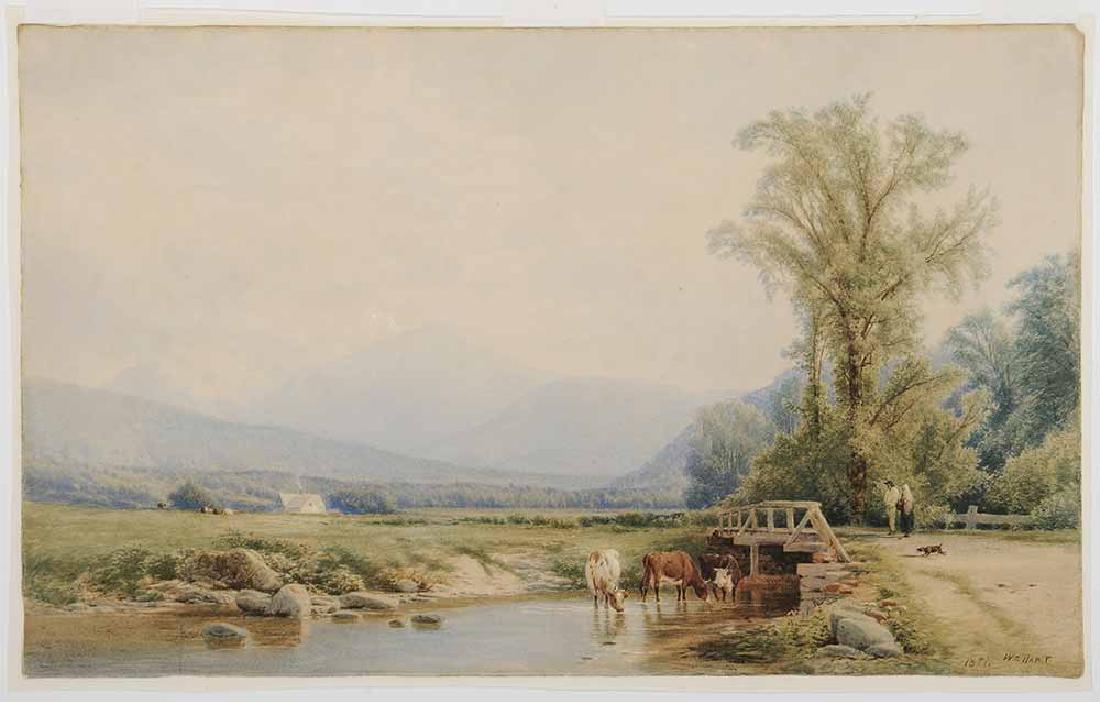William Hart: (New York, 1823-1894) Farm in the Valley, 1871, signed lower right "Wm. Hart./1871", watercolor on paper, 17-5/8 x 28-1/2 in.; original lemon gilt frame,. Notes: Hudson River School, National Academy