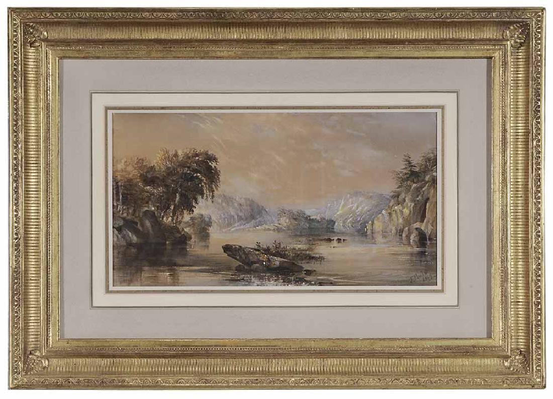 James Peale, Jr.: (Pennsylvania, 1789-1876) Lake with Rocky Shore, watercolor and body color on paper, recto; Bird on a Branch, lithograph, verso, signed recto lower right "J.Peale/1869", on cream paper, 8-1/8 x 15-1/8