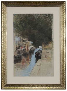 Francis Hopkinson Smith: (New York/Maryland, 1838-1915) Rio Guiseppe, Venice, signed lower right "F. Hopkinson Smith", Gouache over pencil on paper, 13-1/4 x 24 in. (sight); possibly original gilt wood frame,. Provenance: Sot