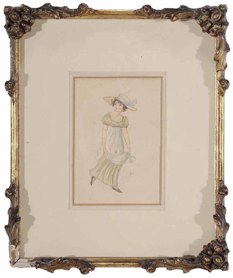 Kate Greenaway: (British, 1846-1901) Strolling Woman, signed lower right "KG", watercolor on paper, 5-1/2 x 4-1/2 in.; possibly original gilt wood and composition frame,. Provenance: Estate of Marjorie and Charles We