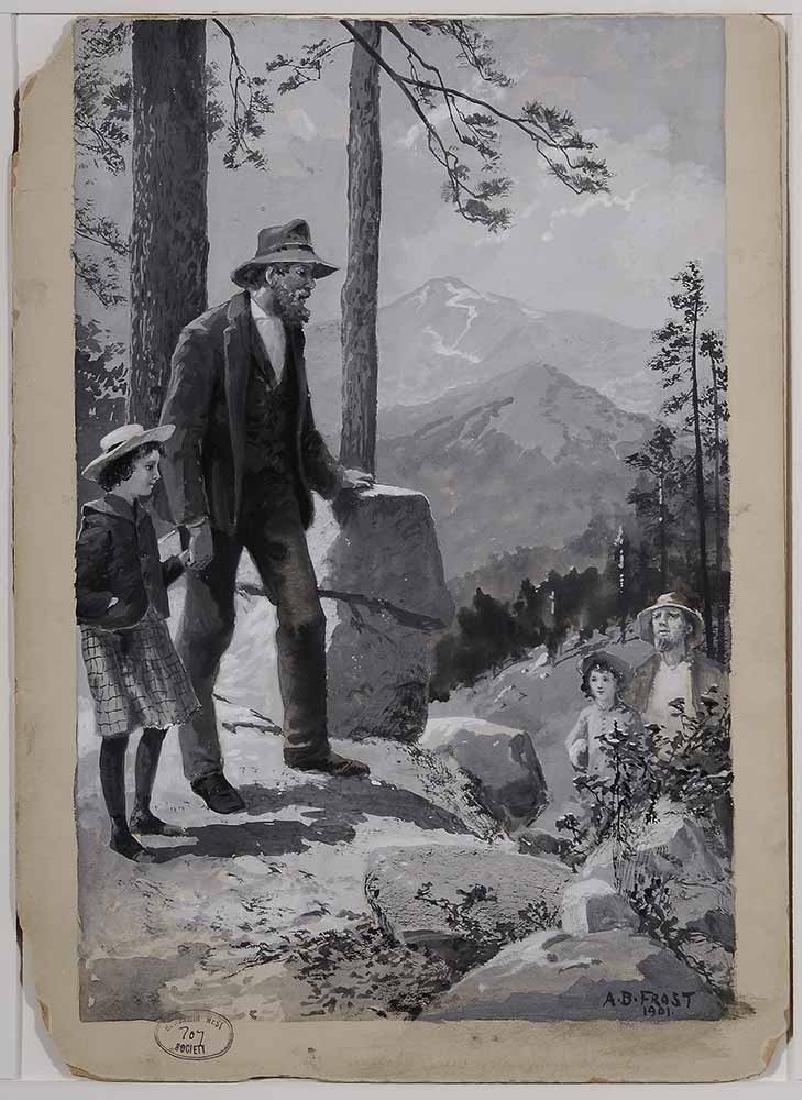 Arthur Burdett Frost: (Pennsylvania/California, 1851-1928) "Hello he called to the Major Cheerily", 1901, signed lower right "A.B. Frost/1901" Collector's stamp at bottom "Benjamin West Society "707" and titled verso, goua