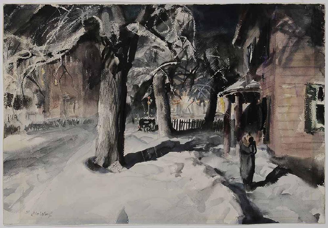 John Whorf: (Massachusetts, 1903-1959) Winter Night, signed lower left "40 John Whorf" and inscribed verso "40", mixed media, watercolor, chalk, charcoal on paper, 15 x 21-3/4 in.; gilt wood frame,. Provenance: E