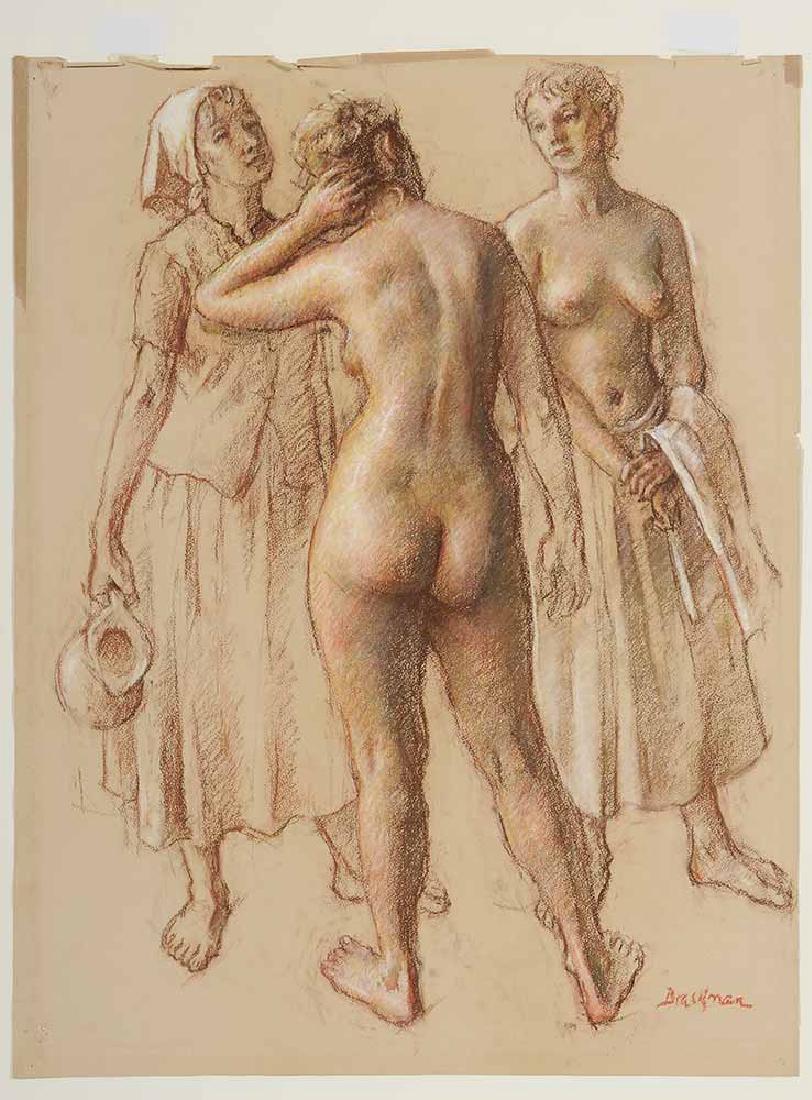 Robert Brackman: (New York, 1898-1980) Three Figures, signed lower right "Brackman", pastel on cream paper, 25-1/2 x 20 in.; Carved and parcel gilt wood frame,. Provenance: Sotheby's Arcade: Tuesday, September 22, 198