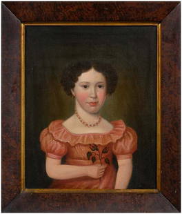 19th century North Carolina portrait: 19th century North Carolina portrait, girl in pink with flower (by tradition a painting from Davidson or Rowan County, North Carolina, of girl named "Jane"), oil on canvas, American School, 20-5/8 x 2