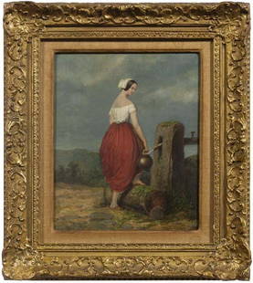 Julien Vallou painting: Julien Vallou painting (Julien Vallou de Villeneuve, French, 1795-1866), young woman at a well, signed lower right "Vallou", oil on cradled panel, old written label verso, 11 x 13 in.; gilt wood and c