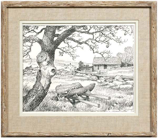 Eric Sloane drawing: Eric Sloane drawing (Cornwall Bridge, Connecticut, 1905-1985), wheelbarrow under apple tree, signed lower right "Eric Sloane/N.A.", mixed media on poster board, 14-1/2 x 18-3/8 in.; distressed wood fr