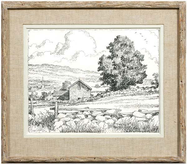 Eric Sloane drawing: Eric Sloane drawing (Cornwall Bridge, Connecticut, 1905-1985), New England landscape with barn and distant town, signed lower left "Eric Sloane N.A.", pen and ink on poster board, 14 x 17-1/2 in.; dis