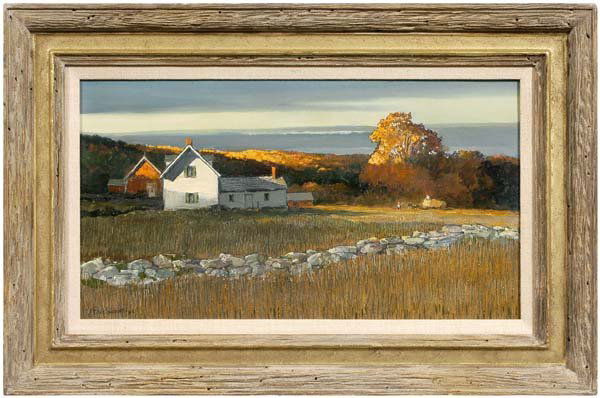 Eric Sloane painting: Eric Sloane painting (Cornwall Bridge, Connecticut, 1905-1985), landscape with farm, "Late October Sun", signed lower left and verso "Eric Sloane, N.A." and titled verso, oil and ink on Masonite, 12-1