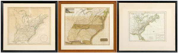 Three early 19th century U.S. maps: Three early 19th century U.S. maps: "Southern Provinces of the United States", John Thomson, 1815, inset Hudson River scene, 19-3/4 x 23-1/2 in. (sight); "Carte Generale des Etats-Unis", E. Mentelle a