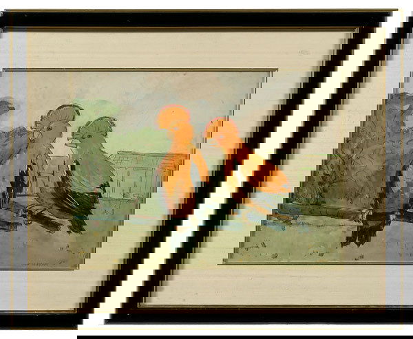 Watercolor by Jane Peterson: (American, 1876-1965), cockatiels on perches in yard, signed lower right "Jane Peterson", watercolor, 17-3/4 x 23-5/8 in., modern gilt and black painted frame with silk liner. Laid down on card, tonin