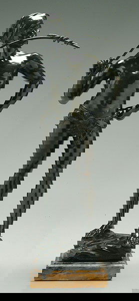 Bronze by Adolphe Jean Lavergne: (French, died 1892), Orientalist snake charmer holding stick with snake, signed in base "Lavergne", probably a 19th century casting, green to dark brown patina, 23 in. including marble base. Light abr