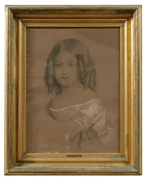 Drawing of girl signed "TS",: young girl with curly hair, signed lower right with conjoined monogram "TS", possibly Thomas Sully (Pennsylvania, 1783-1872), chalk and charcoal on paper, lined with linen, 21 x 16 in., 19th century g