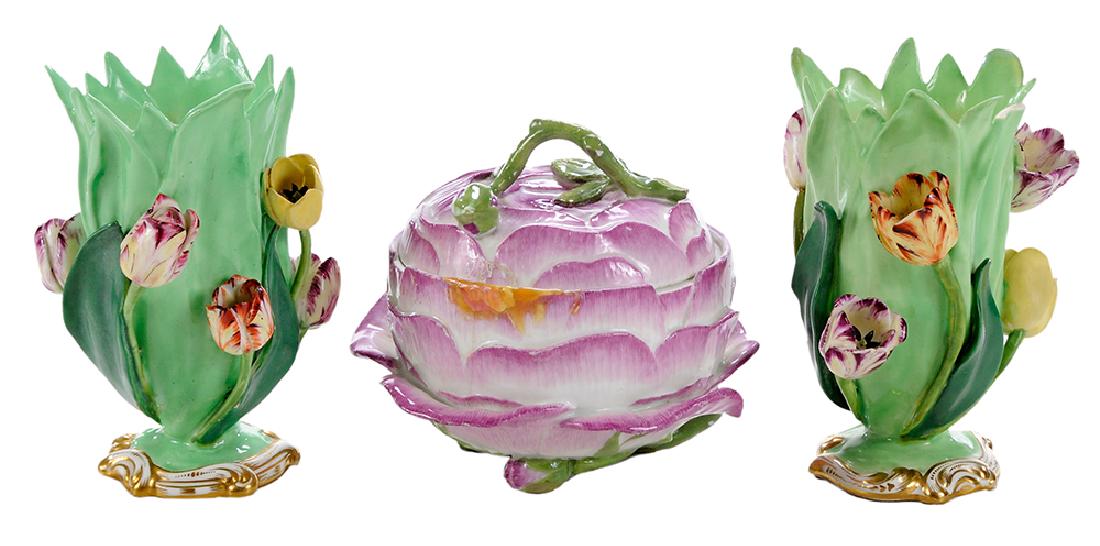 Pair English Beakers and Meissen Tureen: including pair of English porcelain floral leafy cup bodies with applied hand painted tulips tapering to scrolling gilt bases, unmarked, 5 in., [one beaker with repair to one leaf and one tulip, chips