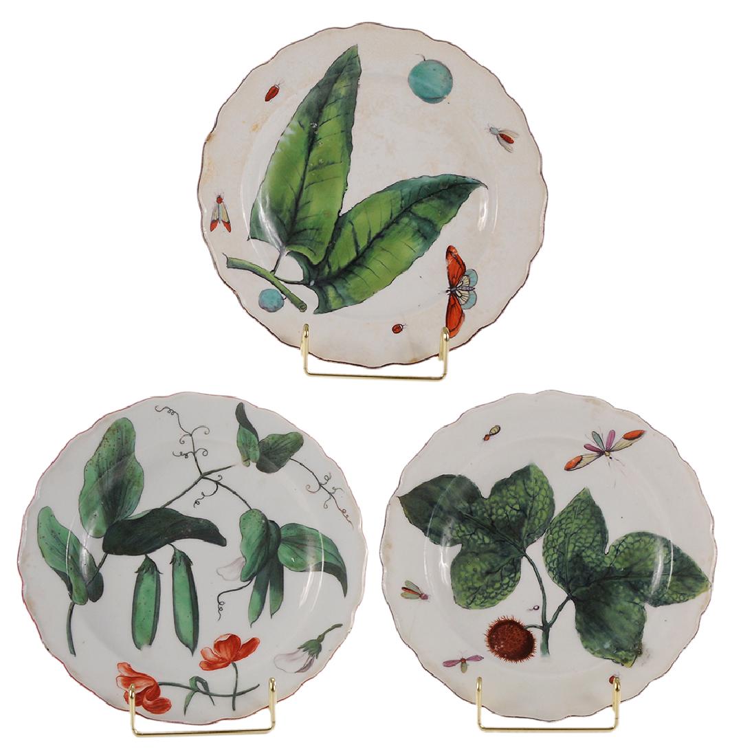 Group of Three Chelsea Plates: British, 18th century, two painted with leaves and insects the other with pea pods and blossoms, 8-1/4 in.. Provenance: Collection of Mrs. Paul Mellon, Sotheby's New York, sold November 21-23, 2014, l