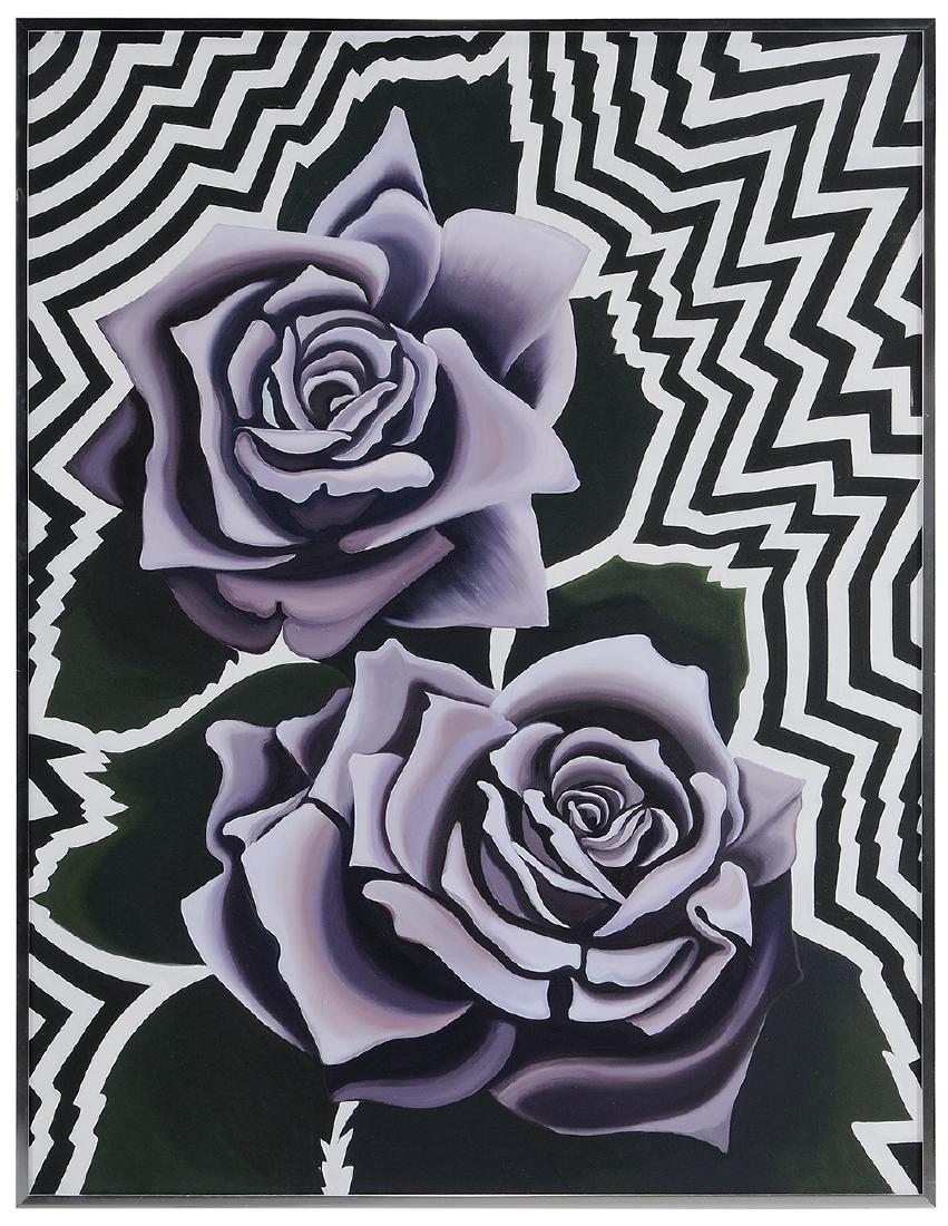 Lowell Nesbitt: (New York/Maryland, 1933-1993) Two Violet Roses, 1974, signed verso "L. Nesbitt" and titled and dated, oil on canvas, 51 x 39 in.; aluminum frame. Provenance: Property from the Collection of Marjorie