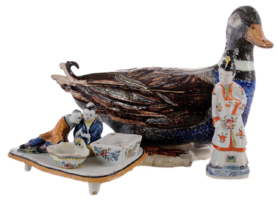 Three Asian Ceramic Table Items: 19th and 20th century, including faience inkstand with Chinese figures, [numerous small chips, especially on head and top knot of cross-legged figure, lacking cover for sand cup and insert for well, o