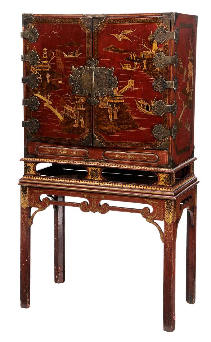 William and Mary Red Japanned and Brass Mounted Chest: British, some 18th century elements, chest set with elaborate brass hinges and corner mounts and escutcheon plates opening to nine interior drawers, similarly japanned and set with probably original b