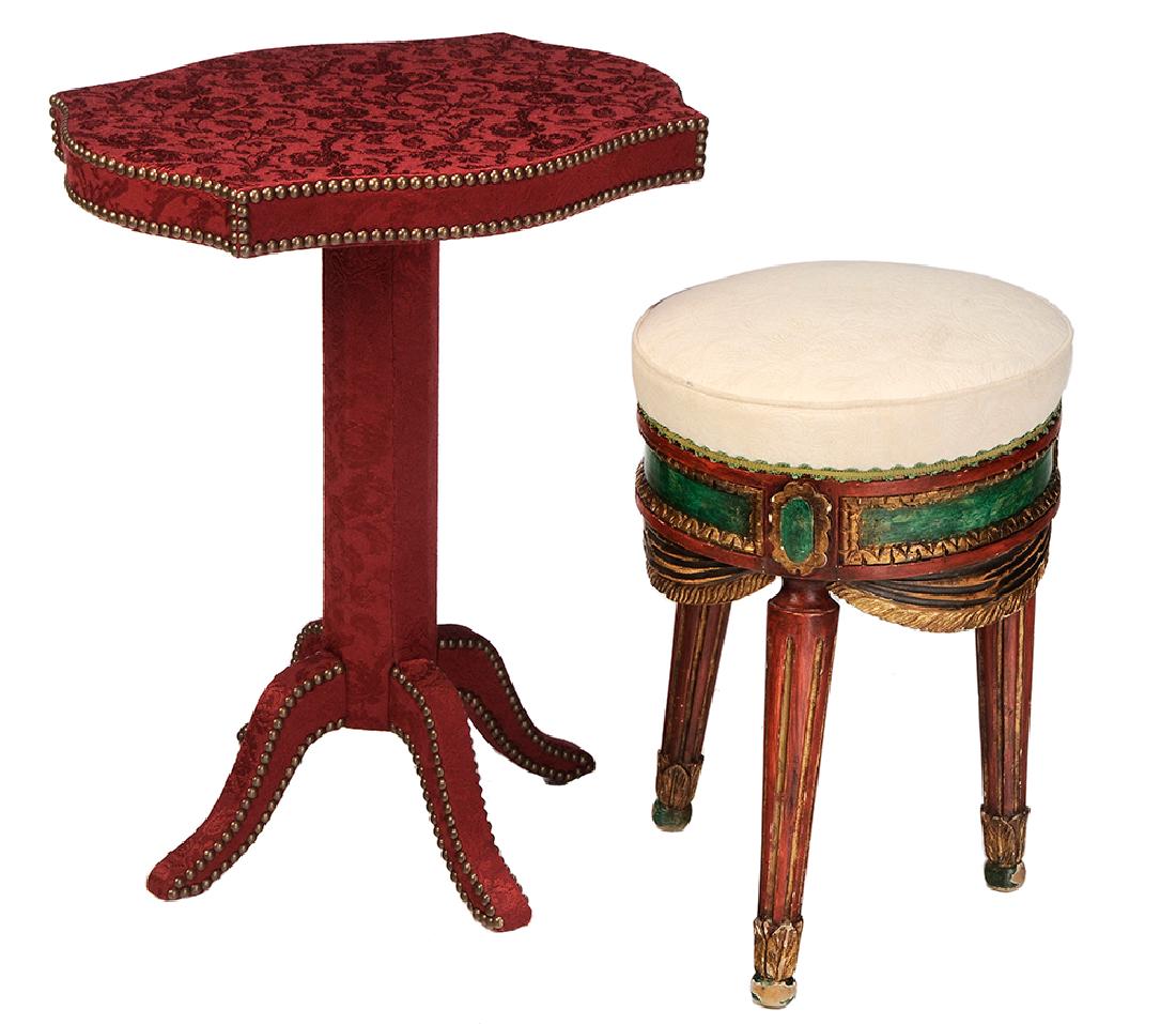 Venetian Style Carved and Polychromed Stool Together: 20th century, carved and painted stool with white quilted upholstery, table has cartouche form top over a pedestal base, 26-1/2 in.. Provenance: Property from the Collection of Marjorie S. Fisher, Pal