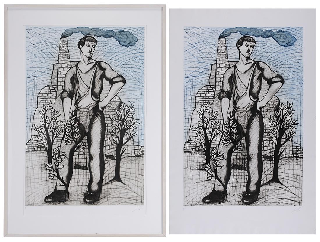 Sandro Chia: (Italian, born 1946) Factory Worker, 1990, edition 6/50 and 7/50, two impressions, both signed lower right in pencil "S Chia", etching and aquatint on paper; one (6/50) in pickled wood frame; one (7/5