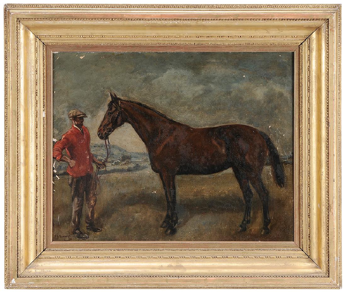 Follower of Sir Alfred Munnings: (British, 19th/20th century) Horse and Groom, bearing spurious signature lower left, "A. J. Munnings", oil on canvas, 16 x 20 in. early 20th century gilt wood and composition frame. Provenance: Bonham