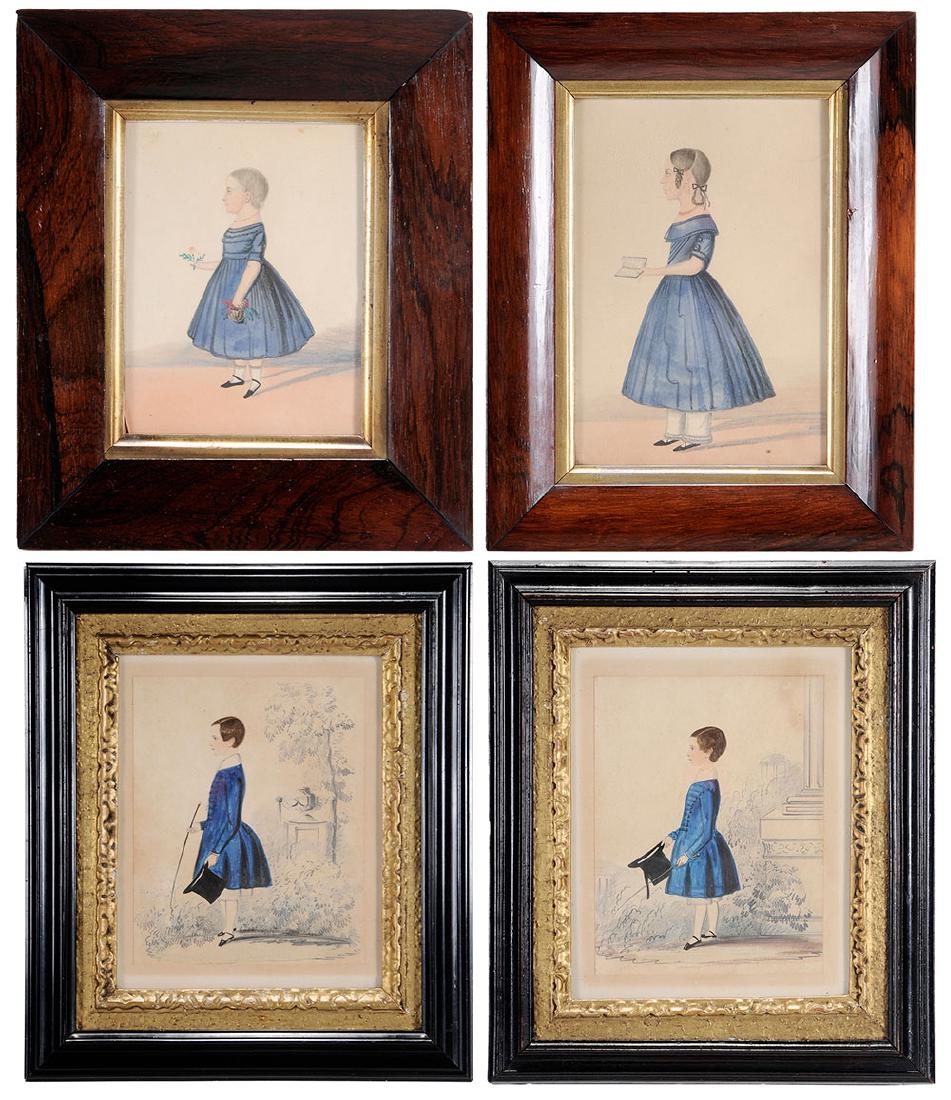 British School: (19th century) Four portrait miniatures of children: Girl Holding a Book, 8-1/8 x 6-1/8 in.; Girl Holding Flowers, 5-3/4 x 4-3/4 in.; Boy With Whip and Top Hat, 6-3/4 x 5-3/8 in.; Younger Boy With Whi