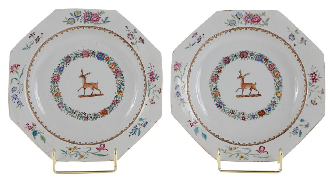 Pair Chinese Export Porcelain Soup Plates: mid 18th century, octagonal with Arms of Steede, cut rims, polychrome painted with stag in center of floral circle with gilt spear inner border, eight floral sprays at rim, 9 in.,. Provenance: Estate 