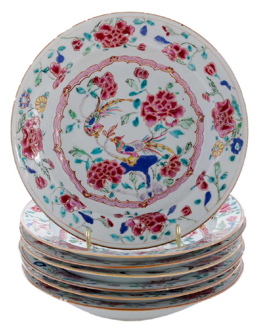 Seven Chinese Export Famille Rose Shallow Bowls: 18th century, each depicting phoenix bird on flowering branches with elaborately decorated border bands, 1-1/2 x 8-1/2 in.. Provenance: Property from the Collection of Marjorie S. Fisher, Palm Beach, 