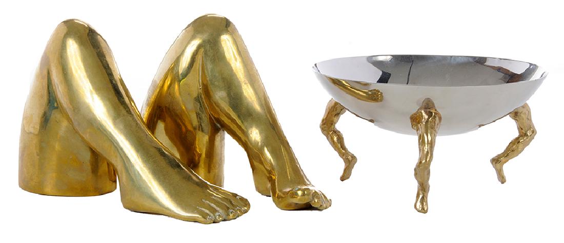 Two Leg-Form Contemporary Sculptures: including Pietrina Checcacci, (Italian, 1941-), brass sculpture of two bent legs, signed and numbered "Checcacci 88/100", 5-1/4 in., [both in good condition]; Michael Aram, stainless steel bowl suppor