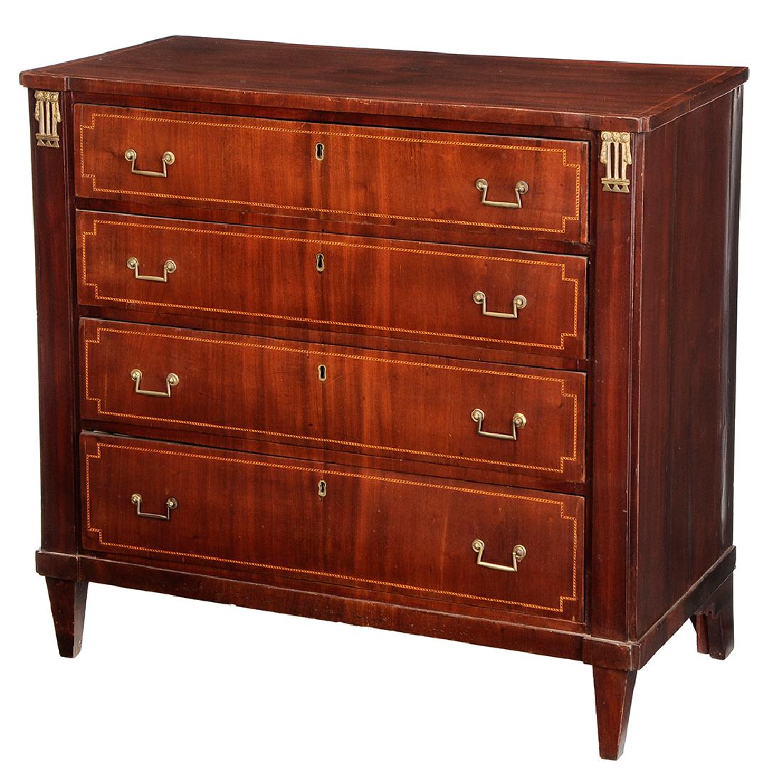 Dutch Neoclassical Inlaid Mahogany Chest of Drawers: circa 1800, inlaid dovetailed drawers flanked by bronze appliques resting on tapered square feet, 34-3/4 x 36-3/4 x 17-1/2 in. deep. Provenance: Property from the Collection of Marjorie S. Fisher, Pal