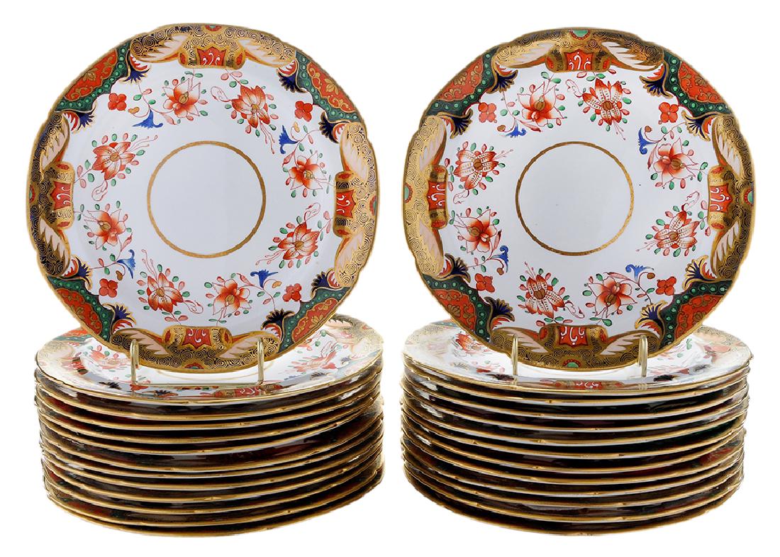 Set of Twenty-Six Spode Porcelain Plates: English, 19th century, Imari style, notched gilt heightened rim enclosing a blossom motif, marked "Spode 1645", 9-1/2 in.. Provenance: Property from the Collection of Marjorie S. Fisher, Palm Beach, F
