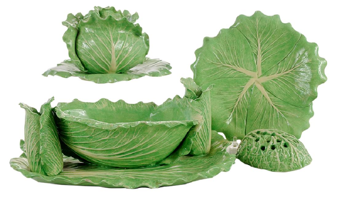 Six Dodie Thayer Pottery Lettuce/Cabbage Wares: American, 20th century, rare oval centerpiece, signed "#2 au Bon Gout Palm Beach Dodie Thayer", 5 x 12-1/2 x 9 in., [chips under rim of plate and bowl]; cabbage leaf covered tureen, signed "Dodie Thay