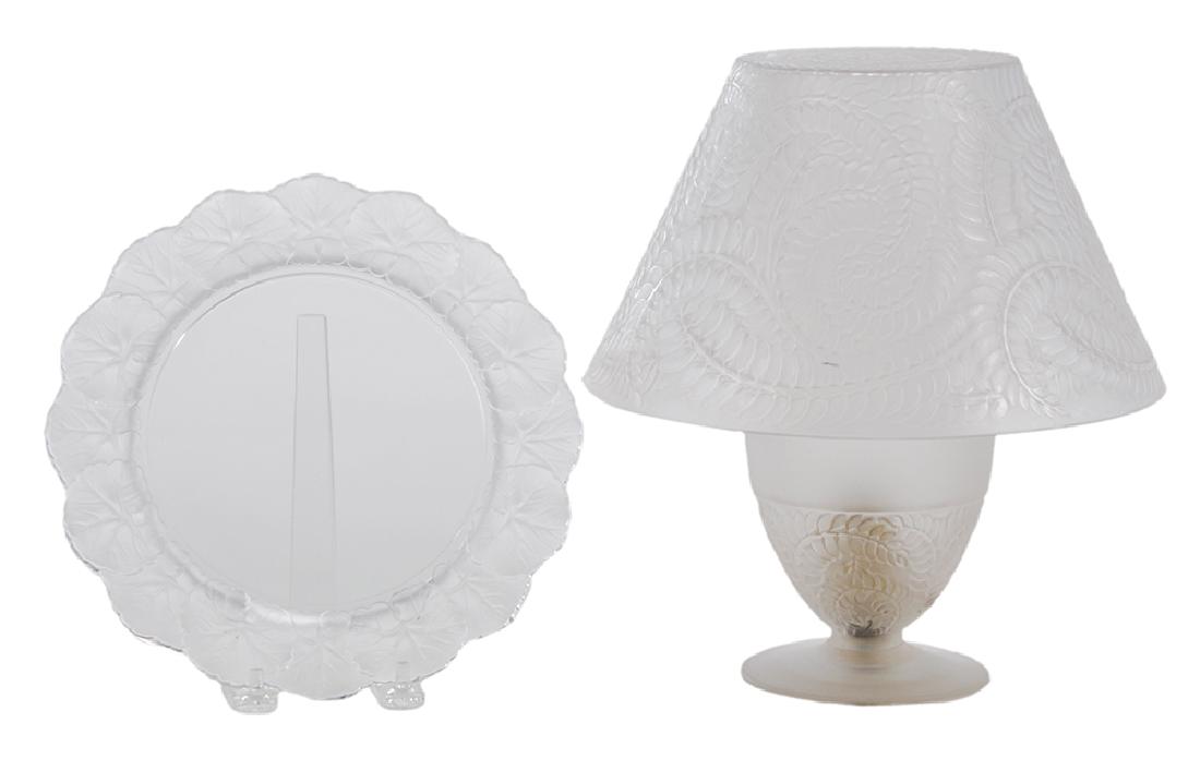 Lalique Feuillages Lamp, Shade and Plate: France, 20th century, frosted glass lamp base decorated in relief with foliage, acid etched block letters, "R. Lalique, France", 9-7/8 in., [minimal surface scratching consistent with age and use]; fr