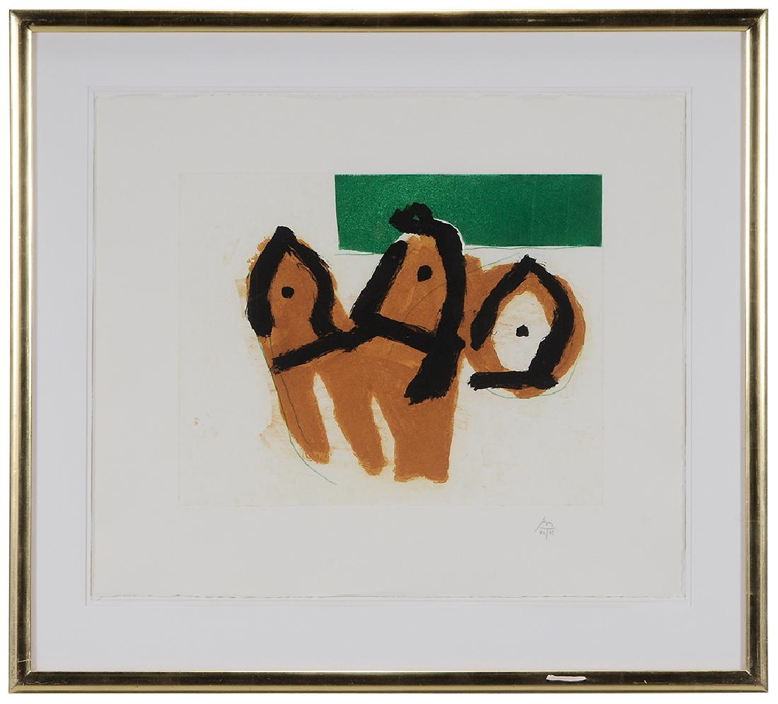 Robert Motherwell: (New York/Connecticut/Massachusetts, 1915-1991) Sirens II, 1988, edition 36/69, signed lower right "RM" with artist's blindstamp, etching and aquatint on paper, 14-3/4 x 18-3/4 in.; parcel gilt wood f