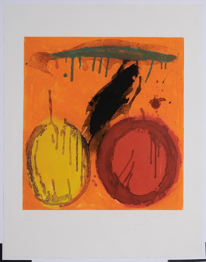 John Hoyland: Wish, 1986, edition 30/40, signed lower right "John Hoyland '86" with blindstamp lower left, aquatint on cream paper, 34-1/2 x 26-3/4 in. (sheet); unframed. Provenance: Property from the Collection of