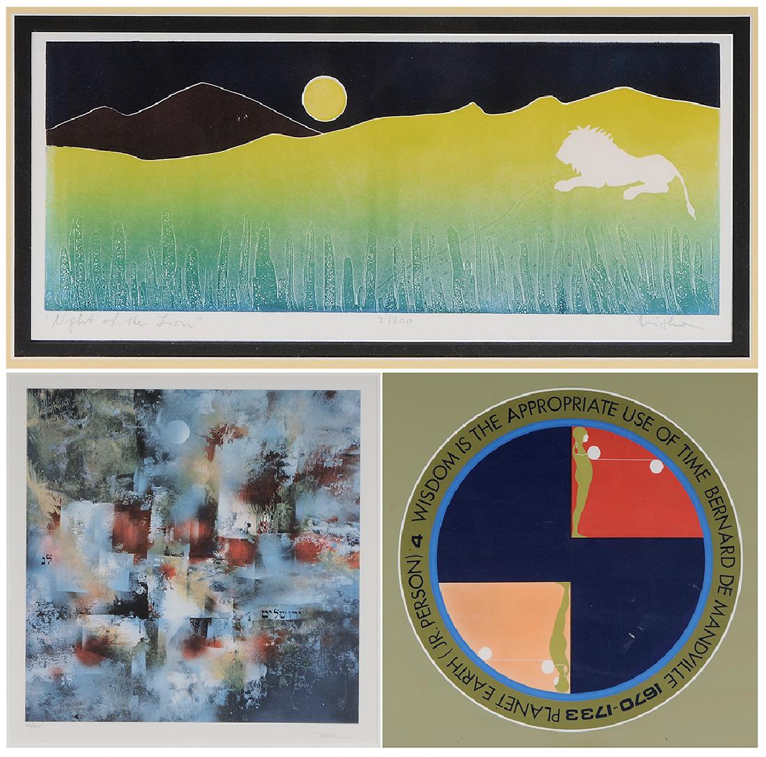 Three Modern Prints, Signed: Wisdom is the Appropriate Use of Time, 1967, artist's proof, from the Falling Man series, signed in pencil "E. Trova '67", (Ernest Trova, Missouri,1927-2009), silkscreen, 23 x 23 in. (image), metal fr