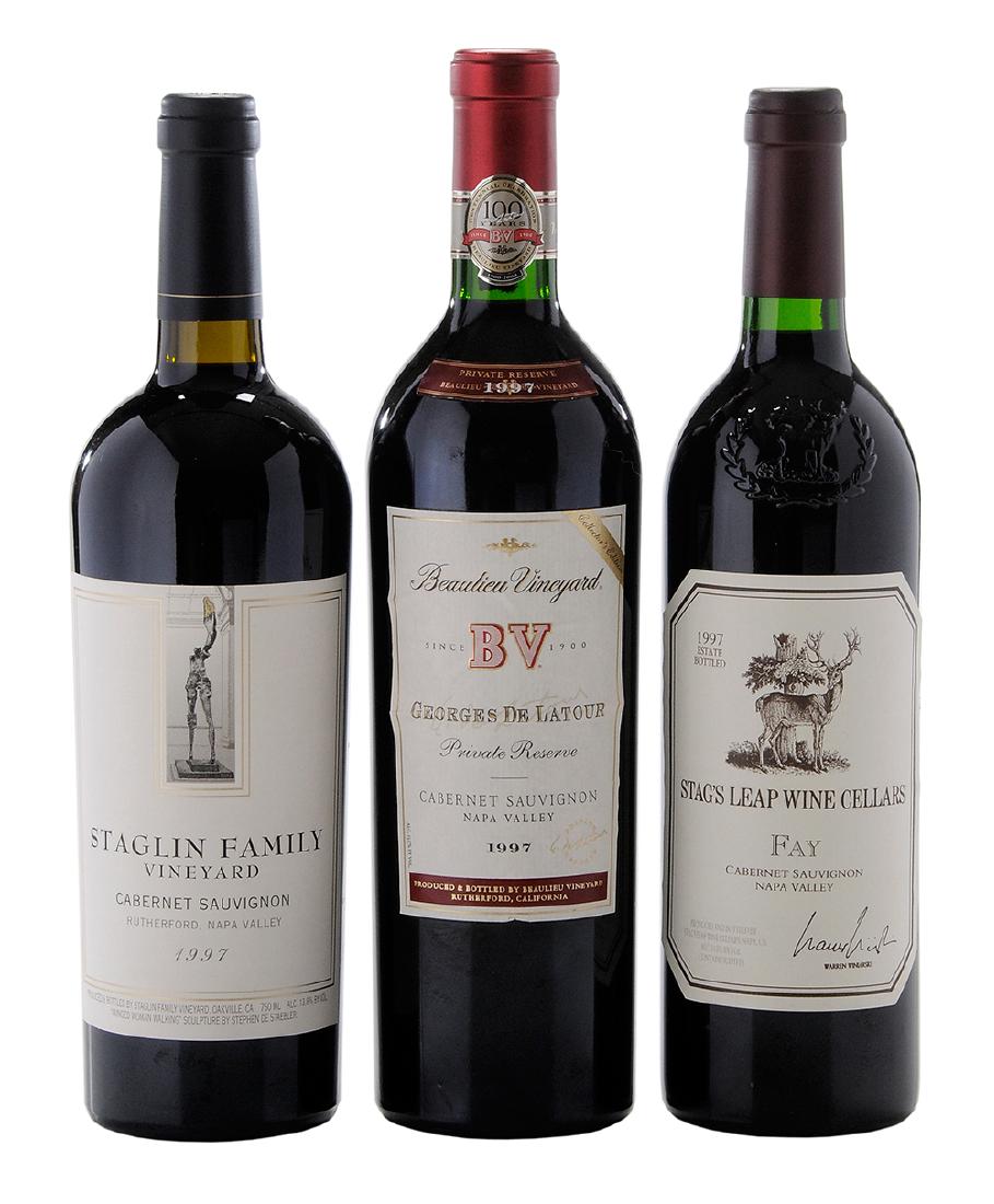 Three Bottles Napa Valley Cabernet Sauvignon: Napa Valley, California, consisting of one bottle of 1997 Stag’s Leap Wine Cellars Estate Fay Cabernet Sauvignon, Base Neck level, light capsule wrinkling, back label partially loose and scuffed; on