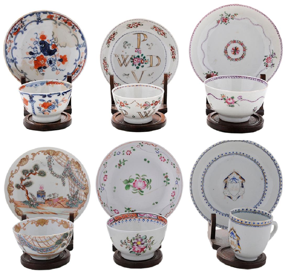 Six Porcelain Cups and Saucers: 18th/early 19th century, four Chinese origin including finely painted flaming altar with two doves, Imari style underglaze blue and overglaze red, [both pieces cracked and old repairs]; painted flower