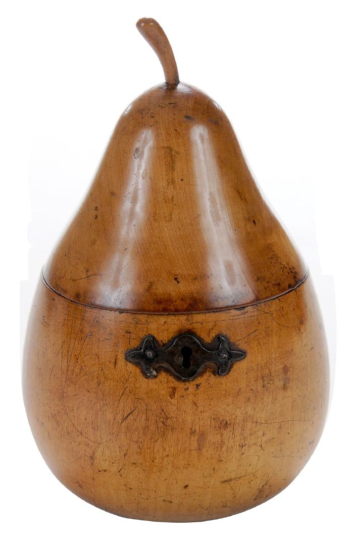 George III Pear Form Tea Caddy: English, early 19th century, fruitwood tea caddy, pear shaped with lid, stem handle, remnants of foil lining on interior, brass escutcheon 7 in.. Provenance: Estate of June Montague Ficklen, Greenvill