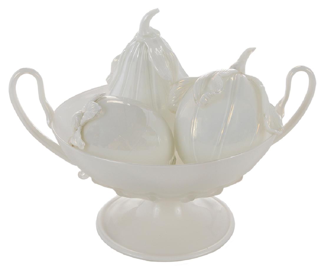 Murano White Glass Compote and Fruit: Italian, 20th century, possibly Archimede Seguso, white blown glass compote, double loop handles, ribbed lower bowl raised on a circular pedestal base, 6-1/8 in.'; with a blown white glass lemon, pear
