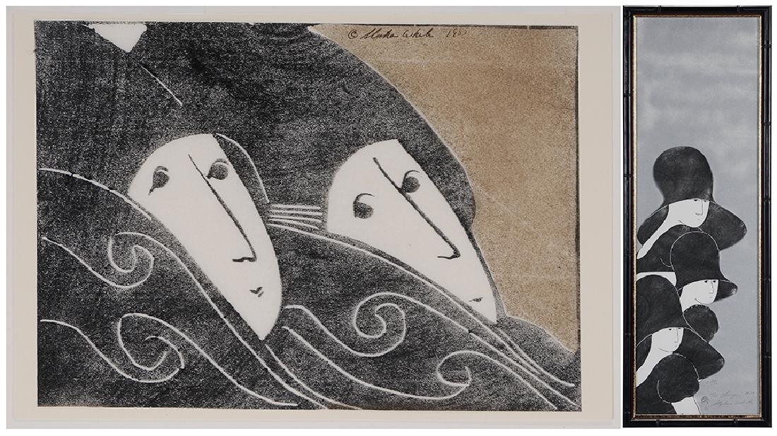 Stephen White: (North Carolina, born 1939) Two figural woodblock prints: The Loungers, 1979, edtion 20/150, signed lower right "Stephen White" and inscribed, with stamp, 36-1/4 x 11-1/4 in. (sight); Untitled, Two Wo