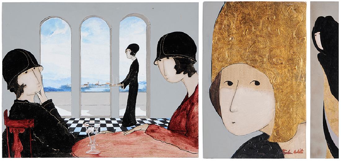 Stephen White: (North Carolina, born 1939) Three figural paintings 1979-1987: Untitled, women on a loggia, 15-7/8 x 20 in.; Cora, titled verso, 31-7/8 x 5-7/8 in.; Polly, titled verso, 11-7/8 x 7-7/8 in., all signed