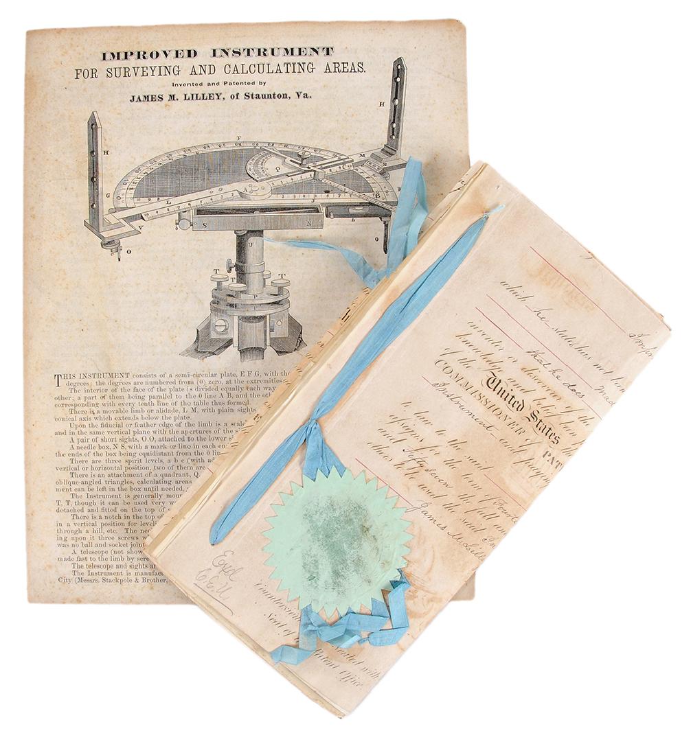Civil War Era Instrument Patent: a Patent for a land surveying tool, designed by James M. Lilley, a prominent resident of Greenville, Virginia and the father of General Robert Doak Lilley, three pages including [The United State of A