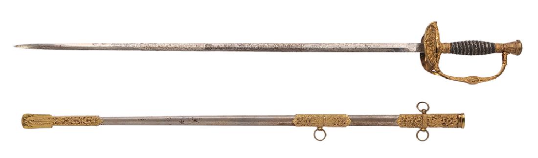 Kentucky/Ohio Civil War Commemorative Line Sword: Cincinatti, 19th century, inscribed "The Carter Dry Goods Company, May, 1898", on verso "Lt. Austin Wheeler Hyde, Co. C, 1st Reg Ky Vol", folding clamshell hilt decorated with a spread eagle, blade is