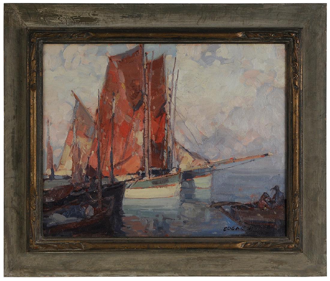 Edgar Alwin Payne: (California/Missouri, 1883-1947) Fishing Port, France, signed lower right "Edgar Payne", oil on canvas, 16 x 20-1/4 in.; original carved, gilt and painted wood frame with added painted backframe with