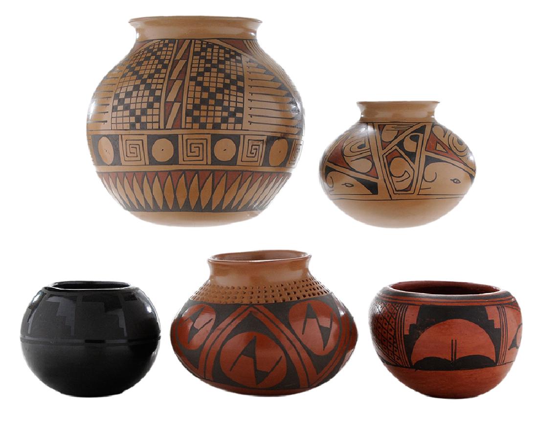 Five Pieces Southwestern Native American Pottery, Ollas: American, 20th century: Katherine Gutierrez Santa Clara blackware bowl, black-on-black decoration, signed on base, 3-1/2 in., [good condition;] polished redware Mexican [olla,] black on red with geome