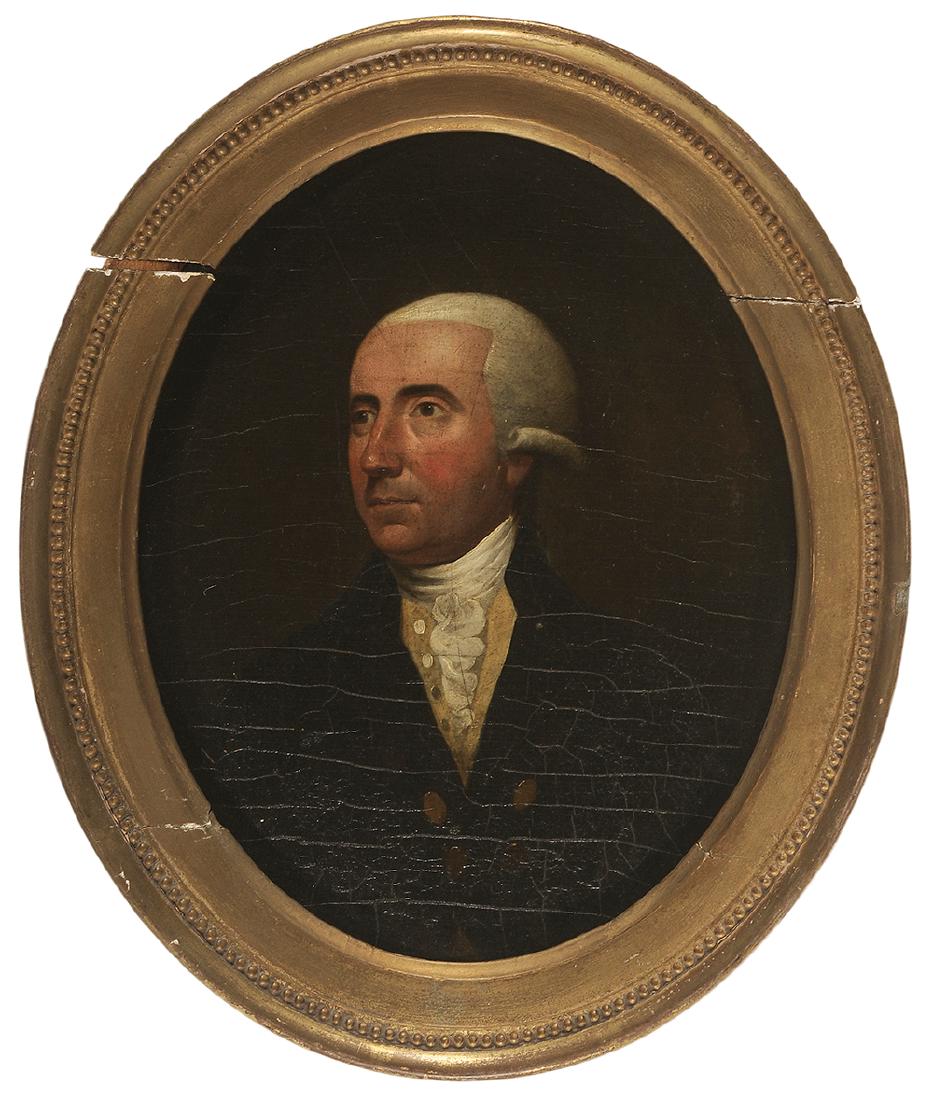 British School: (18th century) Portrait of a Gentleman Facing Left, unsigned, oil on panel, 10-1/4 x 8-1/4 in.; gilt wood oval frame. Provenance: Private Collection, Wilson, North Carolina