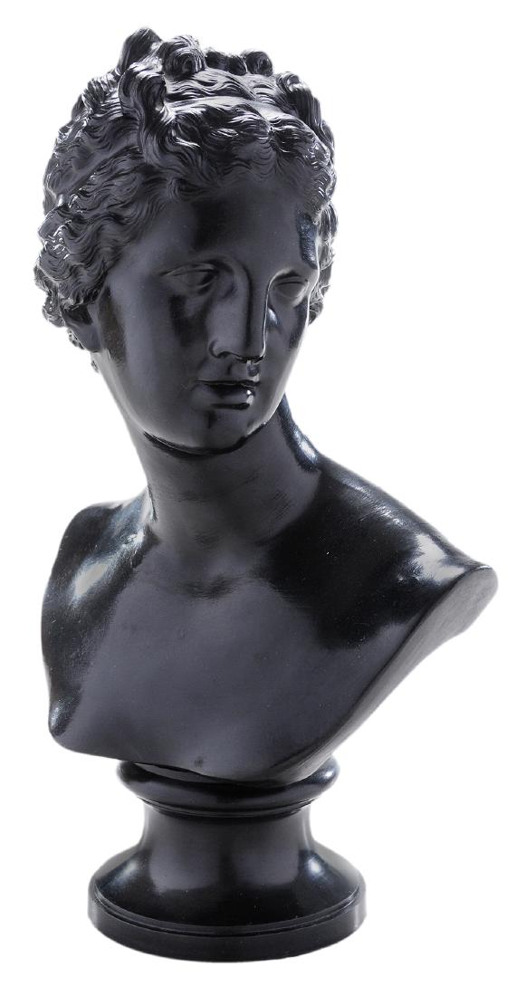 Wedgwood Basalt Bust of Venus: English, 19th century, bust mounted on waisted circular socle, impressed title, marked 'Wedgwood' verso, 13-1/4 in.. Provenance: A Tennessee Collector